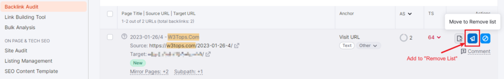 SEMRush: Backlink Audit → Review Backlinks → Move to Remove List