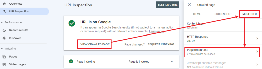 View Crawled Page → More Info [tab] to see the resource loading results